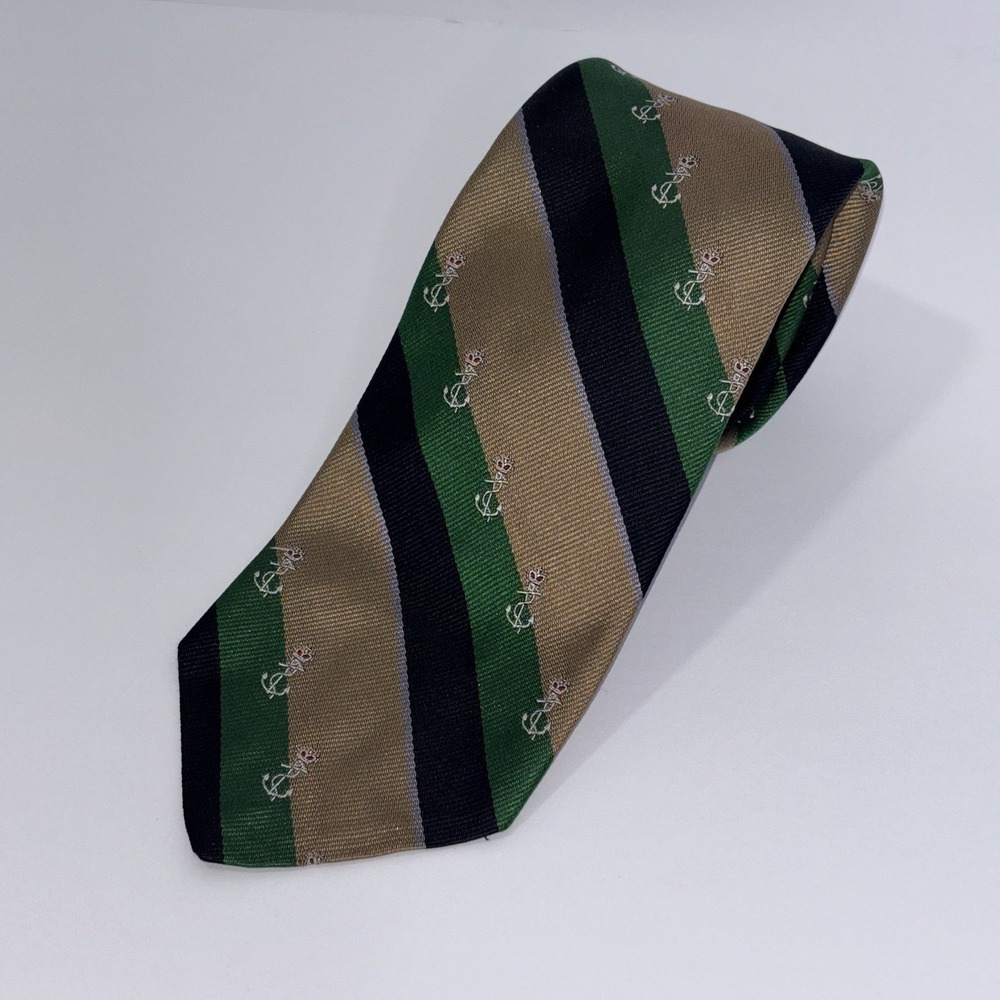 Brooks‎ Brothers Makers Tie Navy Blue Green And Tan Stripe Woven In England